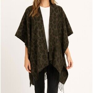 Woolrich Cape Shawl Blanket Wrap Open Womens OS Dark Olive Green Animal Leopard